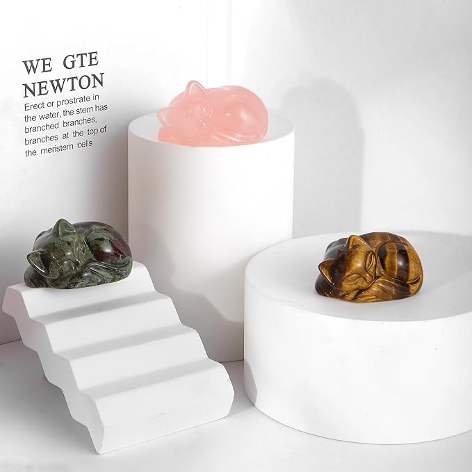 2" Sleeping Cat Statue Rose Quartz Healing Crystals Hand Carved Cute Kitten Figurine, Worry Stone for Anxiety Relif Home Desk Decor Animal Figurine