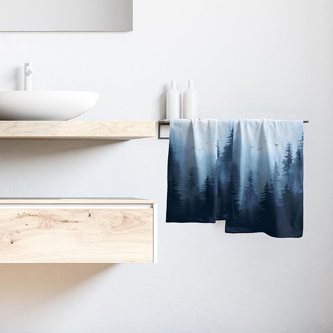 Blue Misty Forest Hand Towels Set of 2 Nature Mountain Soft Guest Face Bath Towel Kitchen Dish Towels Spa Home Bathroom Decorations