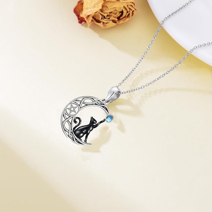 Black Cat/Dragon/Fox/Wolf Necklace 925 Sterling Silver Celtic Moon Pentagram Pendant Gothic Jewelry Goth Halloween Gifts for Women