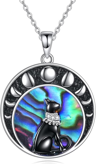 925 Sterling Silver Moon Black Cat Necklace for Women - Tree of Life Jewelry with Abalone Stone - Cat Lover Birthday Gift