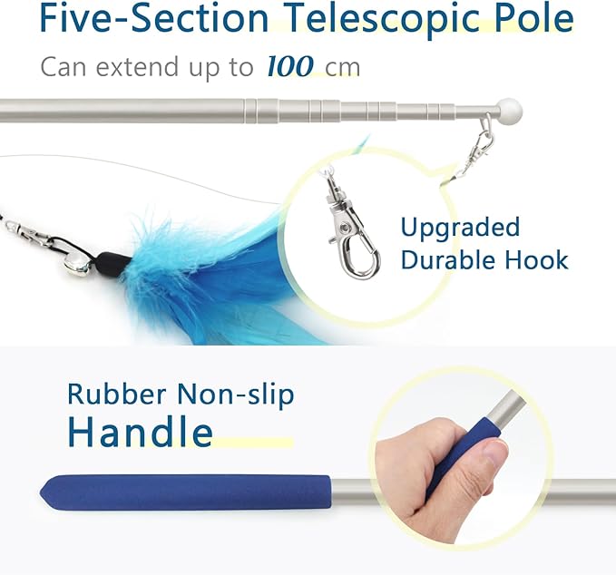 SONGWAY Cat Feather Toys Wand - 7 Pcs Interactive Cat Toys for Indoor Cat Kitten, Retractable Cat Wand Toy with 6 Feather Teaser Refills with Bell, Cat Fishing Pole Toy, Blue