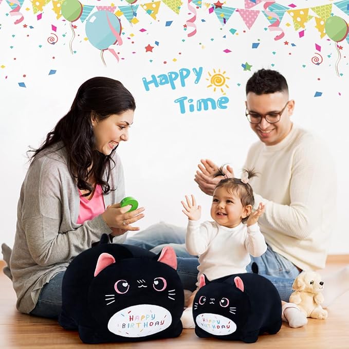 Birthday Cat Plush Pillow Stuffed Animal Toy, Black Birthday Cat Plush Stuffed Animals, Soft Cat Plush Pillow for Kids(Black Cat, 40cm/15.7inch)