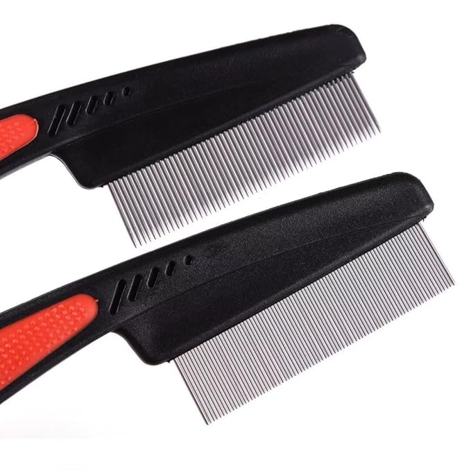 2 Pieces Fine Tooth and Wide Tooth Dog Grooming Comb - Rubber Handle Hair Comb for Small Dogs & Cats with Flea and Tick Removal (2PCS, Black Red)