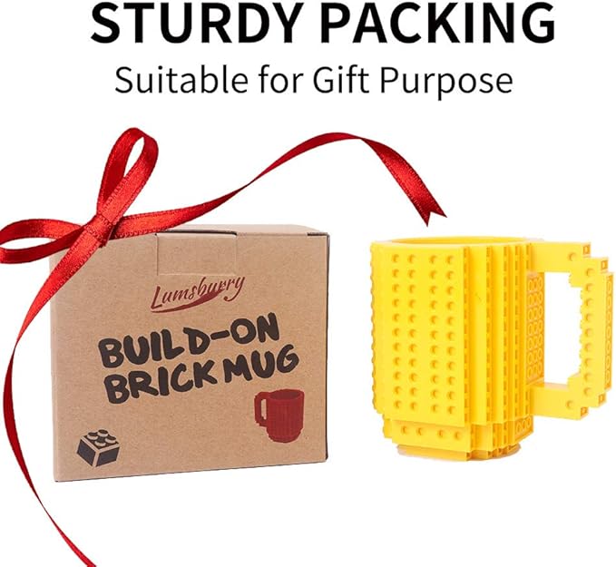 Build-on Brick Coffee Mug, Funny DIY Novelty Cup with Building Blocks Creative for Kids Men Women Xmas Birthday (Yellow)