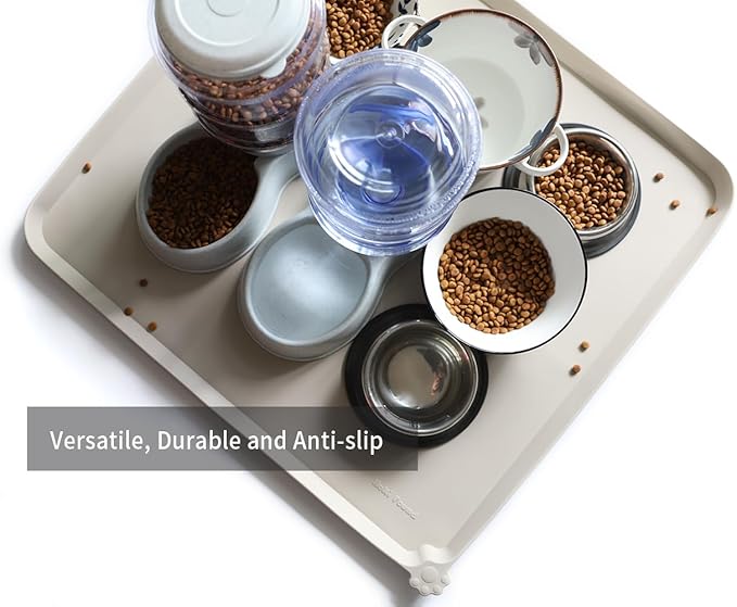 Hoki Found XX-Large Silicone Pet Food Mats Tray - Non Slip Pet Dog Cat Bowl Mats Placemat - Dog Pet Cat Feeding Mat - Waterproof Dog Cat Food Mats -Pet Water Mats for Carpet -Cream Brown