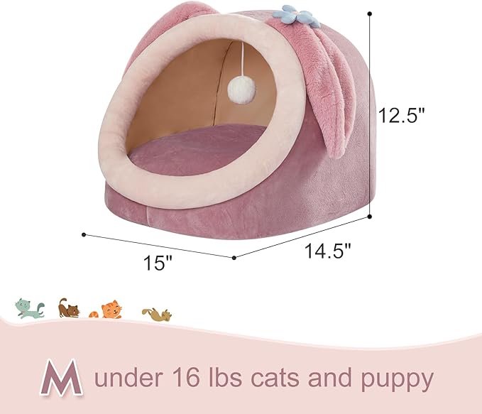 Jiupety Cat Bed Cave, Pink Cat Bed for Indoor Cats, Soft Cozy Cat Bed Cave Fit for Cat Up to 16 Lbs and Puppy, Pink Rabbit, M.