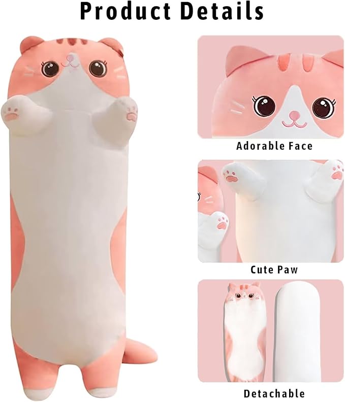 Cat Stuffed Animal Kids Body Pillow for Girls, Soft Cute Plushies Long Cat Hugging Body Pillows with Removable Zipper Cover, Pink Cat Plush Pillow for Cuddling, Sofa or Bed Décor