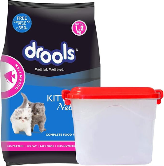 Drools Kitten Dry Cat Food, Ocean Fish Flavour 1.2Kg with Free Container Pack