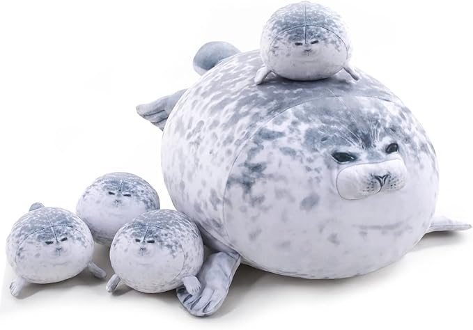 Chubby Blob Seal Pillow Cute Seal Plush with 4 Baby Plushies in Her Tummy, Soft Cotton Stuffed Animals Toy Gifts for Kids