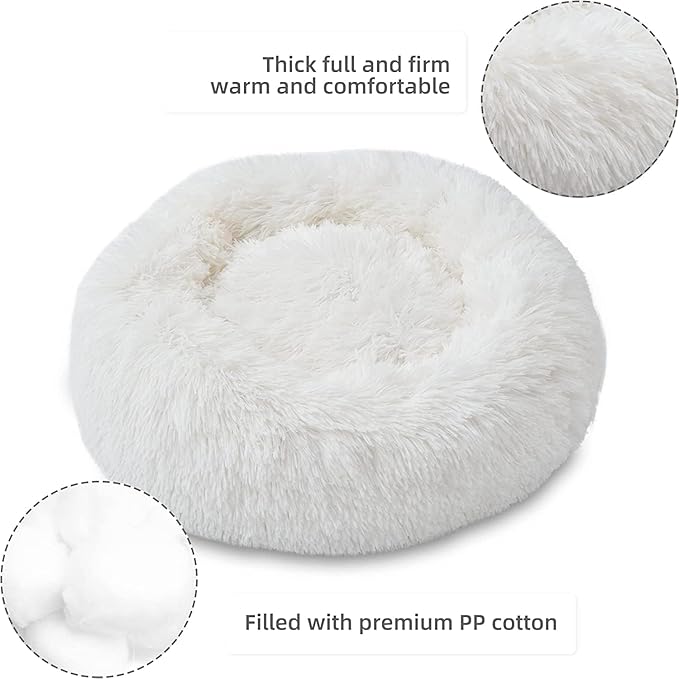 Cat Beds for Indoor Cats - Cat Bed Washable 20/24 inches, Dog Beds for Small Medium Dogs, Anti Anxiety Round Fluffy Plush Faux Fur Cat Bed, Thick Bottom (White, Medium)