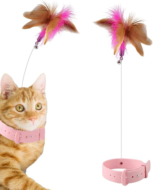KOTYA Cat Collar Toy, New Premium Teasing Wand with Colorful Natural Feathers and Bell, Lightweight Silicone for Extra Comfort, Interactive Self Playing Toys for Indoor Kittens (Flamingo Pink)