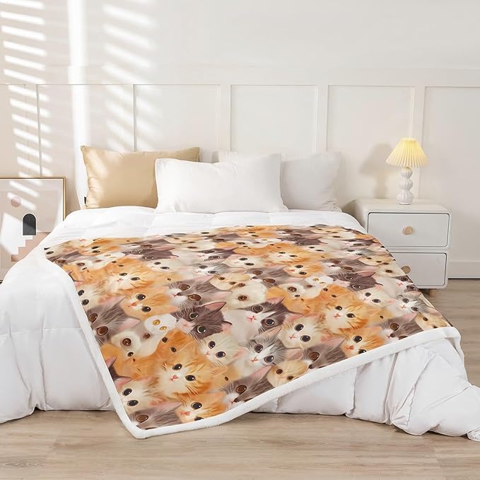 Cat Throw Blanket Kids Girls Cute Kitten Cats Print Warm Fuzzy Blanket for Bed Sofa Kawaii Lovely 3D Animal Fleece Sherpa Blanket Soft Animal Cat Collection Flannel Blanket Room Decor King 87"x95"