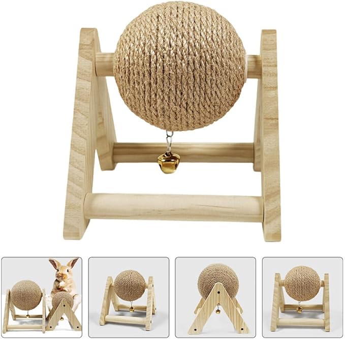 ABOOFAN Cat Scratcher Toy with Sisal Ball Cats Scratching Rope Ball Interactive Rotatable Wood Pet Scratcher Toys Durable for Indoor Kitties to Grind Claws Pet Furniture Supplies