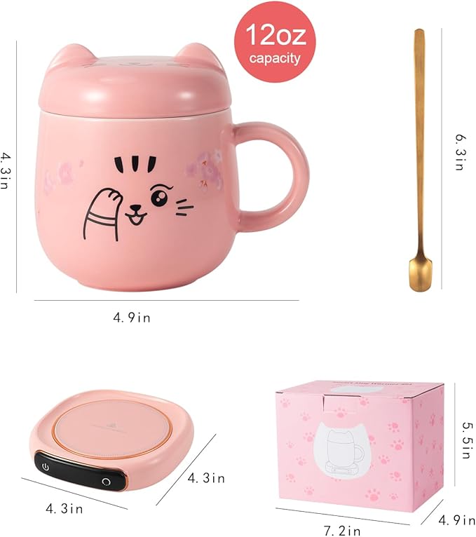 Bsigo Electric LED Display Smart Coffee Mug Warmer & Cute Cat Mug Set, Beverage Cup Warmer for Desk, Warmer Plate for Milk Tea with 3-Temperature Settings (Up to 140℉/60℃), 8 Hour Auto Shut Off, Pink
