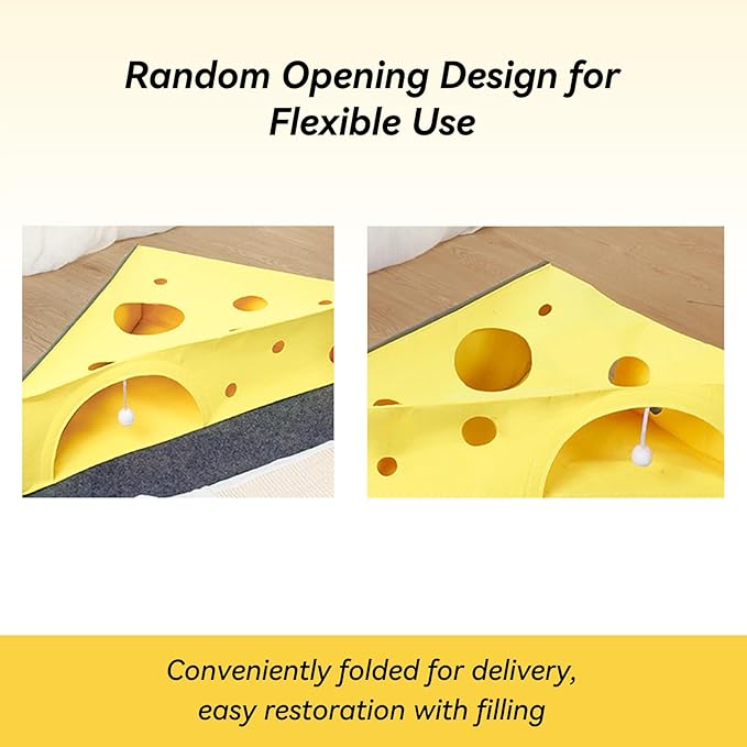 Cat Tunnel Bed for Indoor Cats Peekaboo, Warm 2-in-1 Cheese Shape Design with Ball Toy Large Cat Felt Mat, Scratch Resistant Cat Activity Play Mats for Multiple Cats, Dogs Up to 10lb [Yellow]