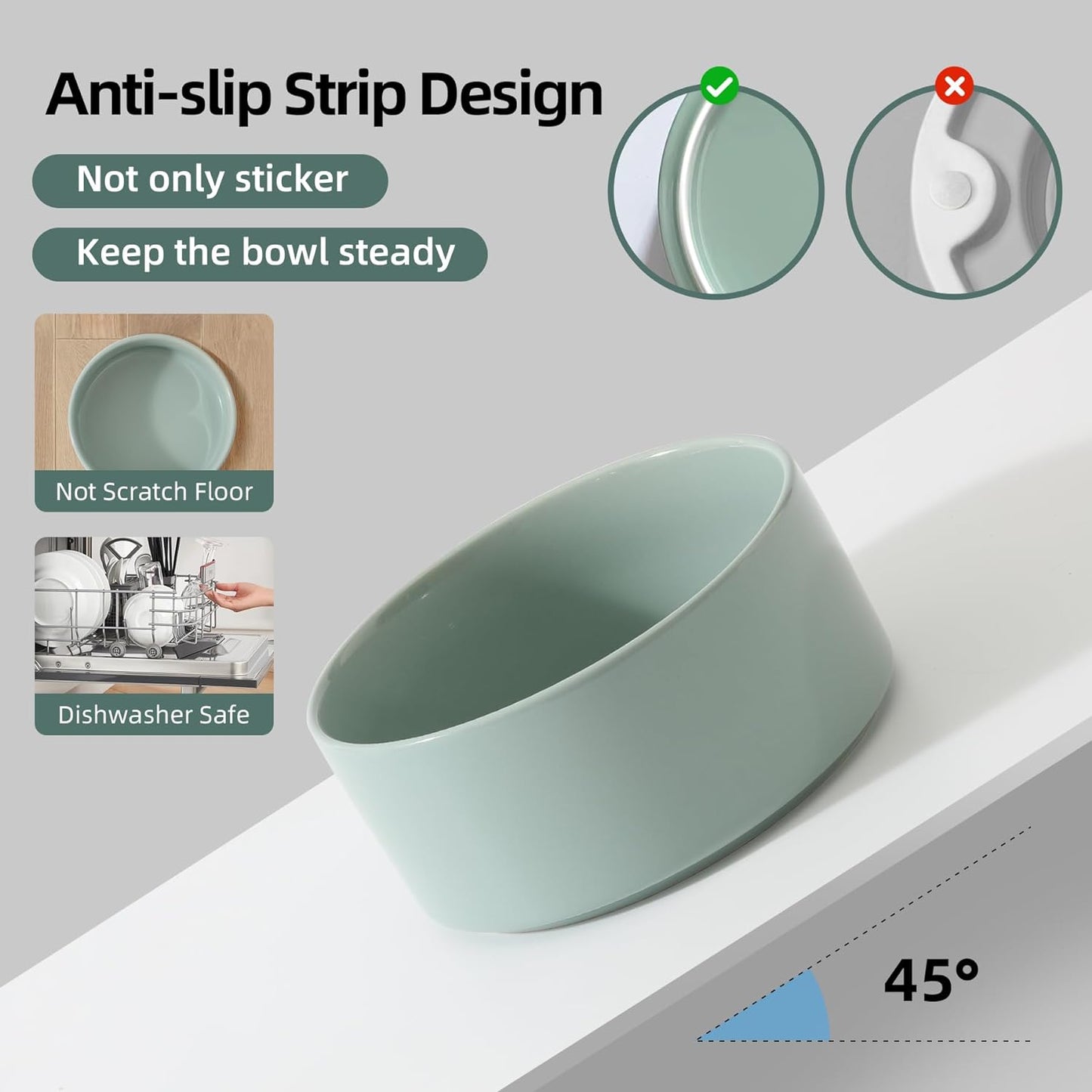 Ceramic 6.1inch Raised Dog Bowl with Stand for Small and Medium Breed Dog Dish Pet Food and Water Bowl (Double Bowl with Stand - Light Green, 28oz)