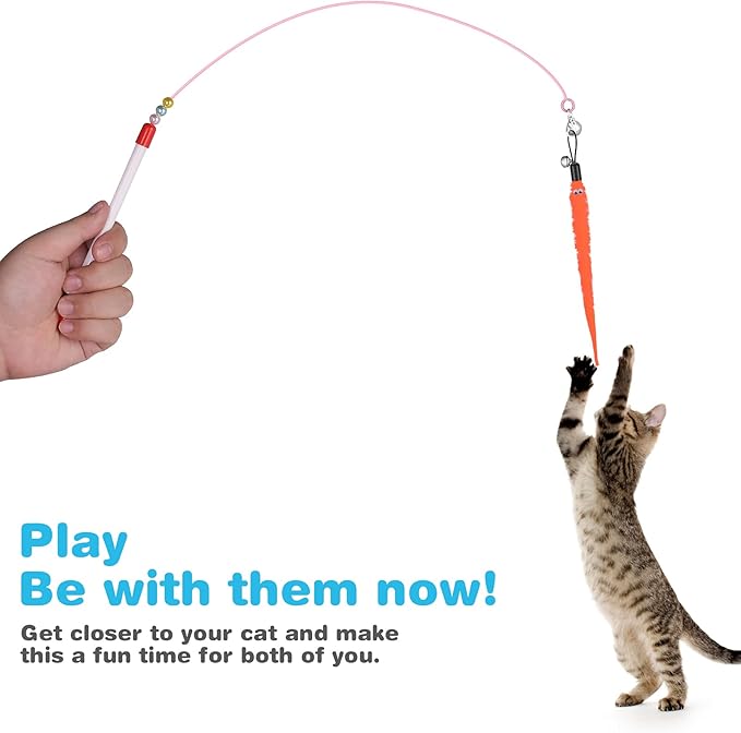 Molain Cat Wand Toy Set -Cat Teaser+ 6Pcs Furry Tail Worms with Bells (Cat Teaser+6Pcs Furry Tail Worms)