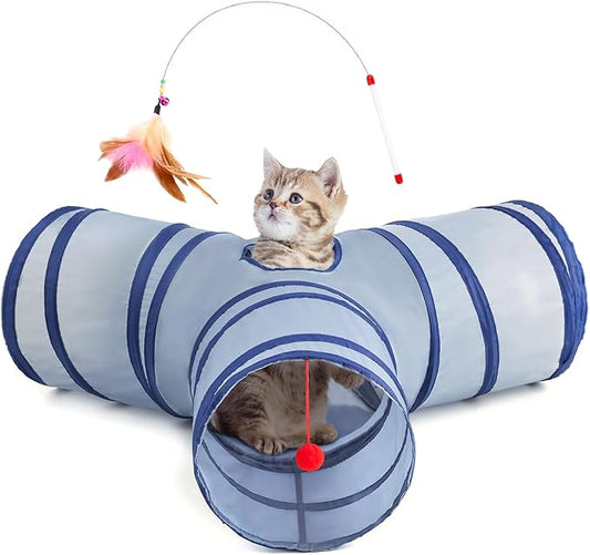 Tempcore Pet Cat Tunnel Tube Cat Toys 3 Way Collapsible, Cat Tunnels for Indoor Cats，Kitty Tunnel Bored Cat Pet Toys Peek Hole Toy Ball Cat, Puppy, Kitty, Kitten, Rabbit Light Blue