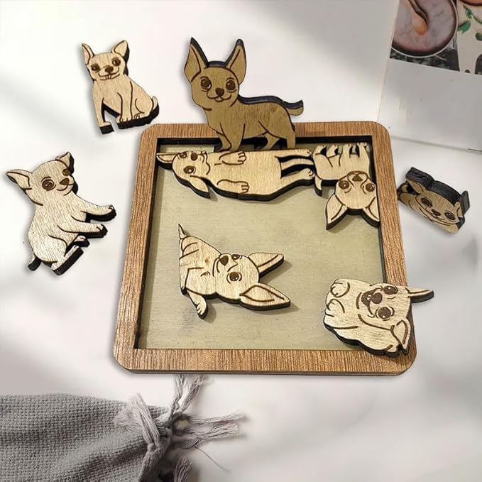 02 Chihuahua Dog Coaster - Chihuahua Dog Puzzle Wooden Coaster Set - Interlocking Jigsaw Drink Mats with Laser-Cut Design for Chihuahua Lovers (Chihuahua Dog)