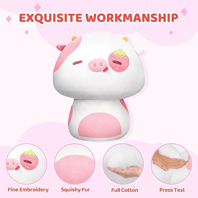 Squishy Cloud-Like Softness, Trending Kawaii Strawberry Cow Mushroom Plush Pillow, A Must-Have Collectible for Young Adults, Perfect for Kids, Toddlers Girls, Stuffed Animal (8")