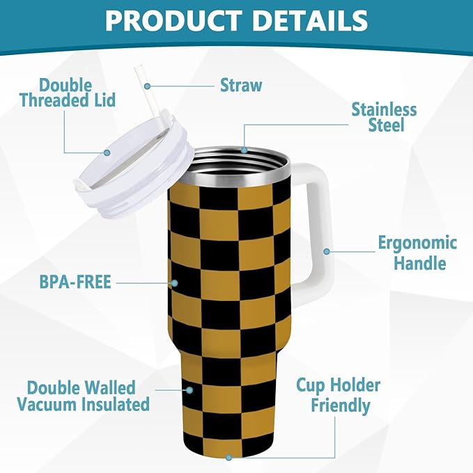 Boccsty Black Gold Squares Checkered Insulated Tumblers Reusable Stainless Steel Tumbler 30 oz Cup Coffee Travel Mug Water Bottle with Handle & Flip Straw for Home Office Car