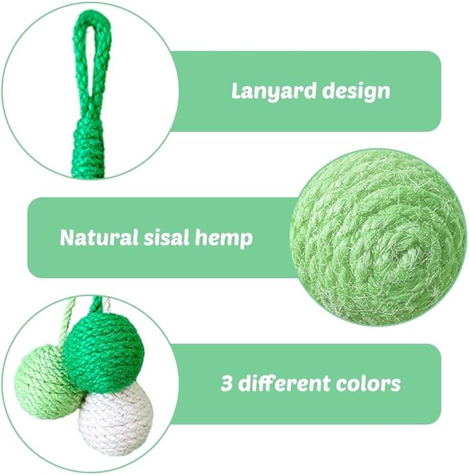MiOYOOW Cat Toy Sisal Ball, Tricolor Hanging Cat Balls Handmade Cat Scratcher Ball Interactive Toy for Indoor Cats Kittens