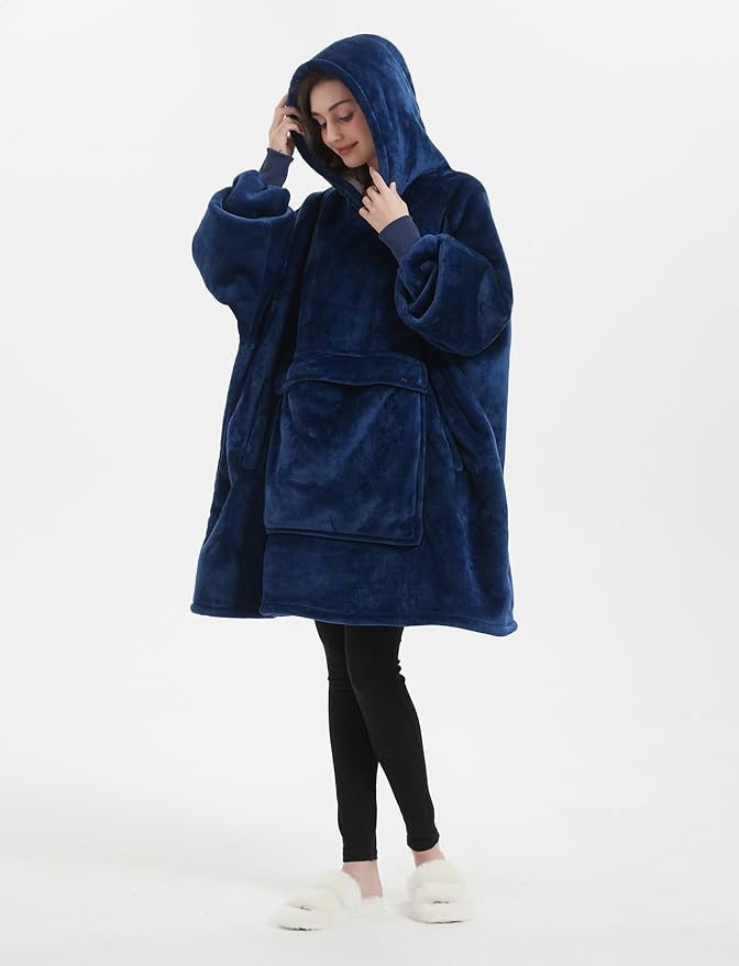 KFUBUO Wearable Blanket Hoodie for Adults Sherpa All Patterns Oversized Sweatshirt Blanket with Pockets Gifts for Mom Navy
