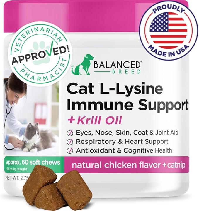 Balanced Breed L-Lysine Cats Immune Support Soft Chews Made in USA Non-GMO Vet-Pharmacist Approved Krill Oil Omega 3 Cat Vitamins Indoor Cats Supplements Asthma Relief Cat Lysine Allergy Relief 60 ct.