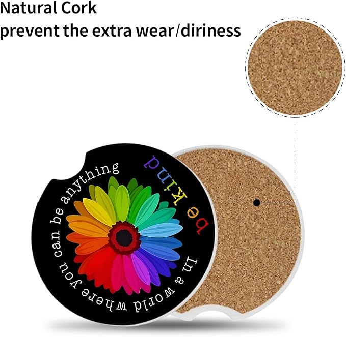 Absorbent Car Coasters 2 Pack for Cup Holders, 2.56" Ceramic Stone & Non-Scratch Cork Base Drink Coasters, Auto Accessories for Women & Men（Colorful Sunflower）