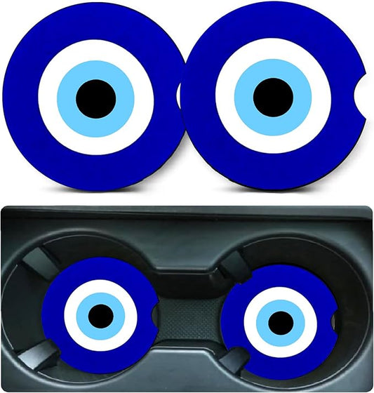 Car Coasters for Cup Holders,2 Pack Blue Evil Eye Car Cup Holder Coasters,2.75" Universal Size Anti Slip Rubber Mat,Automotive Cup Holder Decal Decor Accessories,Evil Eye Gifts for Men,Women Mom