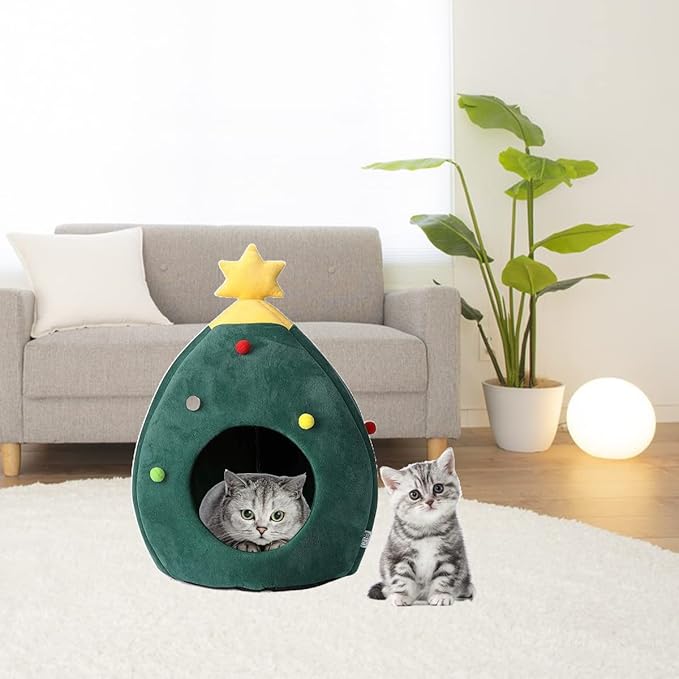 ShellKingdom Christmas Cat House, Cat Bed with Tree Shape for Christmas, Doggy House with Bed Cushion - Pet Indoor Pet Cat and Puppy Bed 17.71 x 15.74 inches (Green)