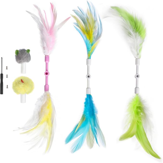 Cat Toy Replaceable Feathers and Fluffy Toy Accessories, 5 Pcs Interchangeable Attachments All Cat Toys with Small Screwdriver and Screws