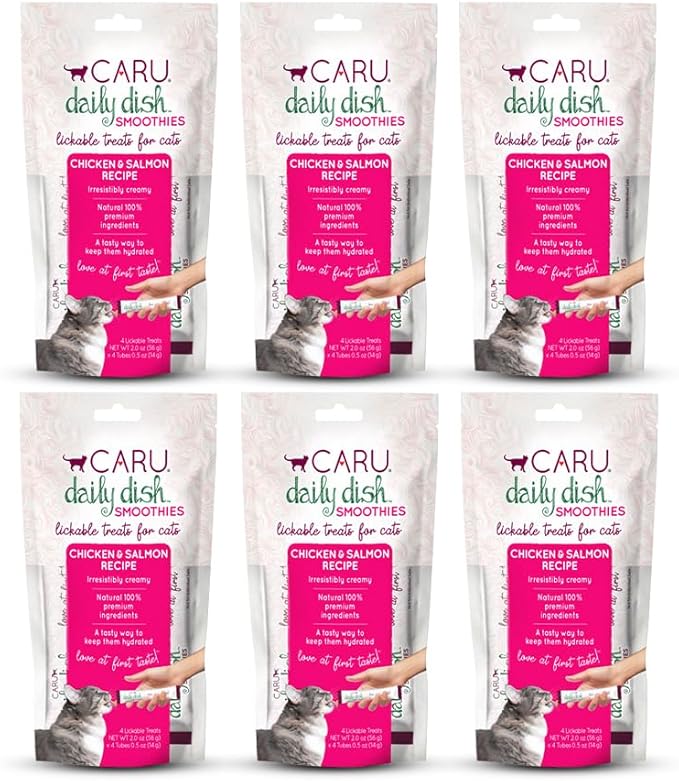 Caru - Daily Dish Smoothies - Lickable Chicken & Salmon Cat Treat - 4 Pouches per Pack - Pack of 6