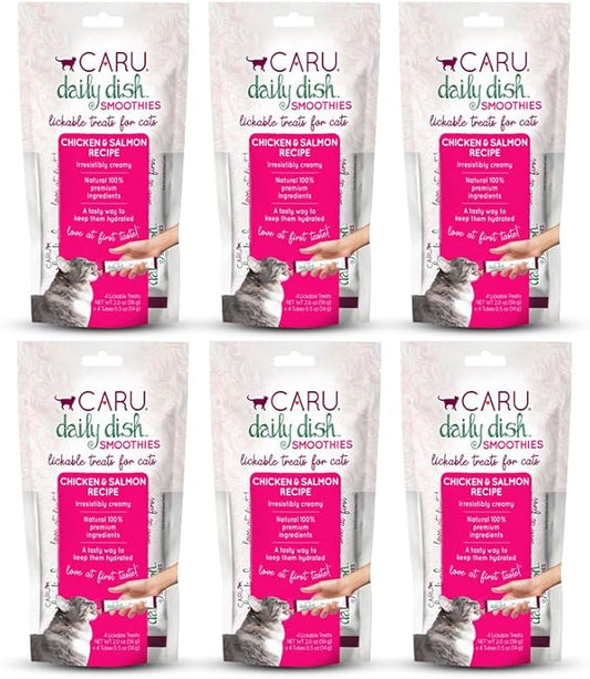 Caru - Daily Dish Smoothies - Lickable Chicken & Salmon Cat Treat - 4 Pouches per Pack - Pack of 6