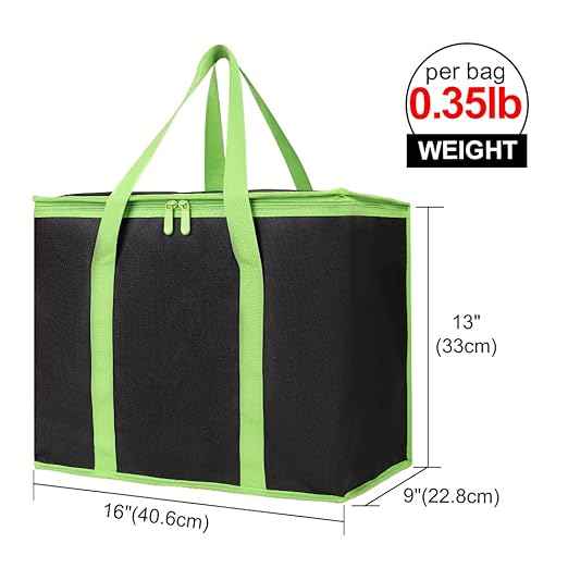 Bodaon 2-Pack Insulated Pizza Delivery Bags, X-Large Reusable Grocery Shopping Bags, Black with Green Edge