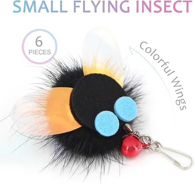 SONGWAY Cat Toy Wand Refills - 6 PCS Insect Shaped Furry Cat Toys, Cat Feather Toy Replacement, Interactive Cat Toys for Indoor Cat Kitten