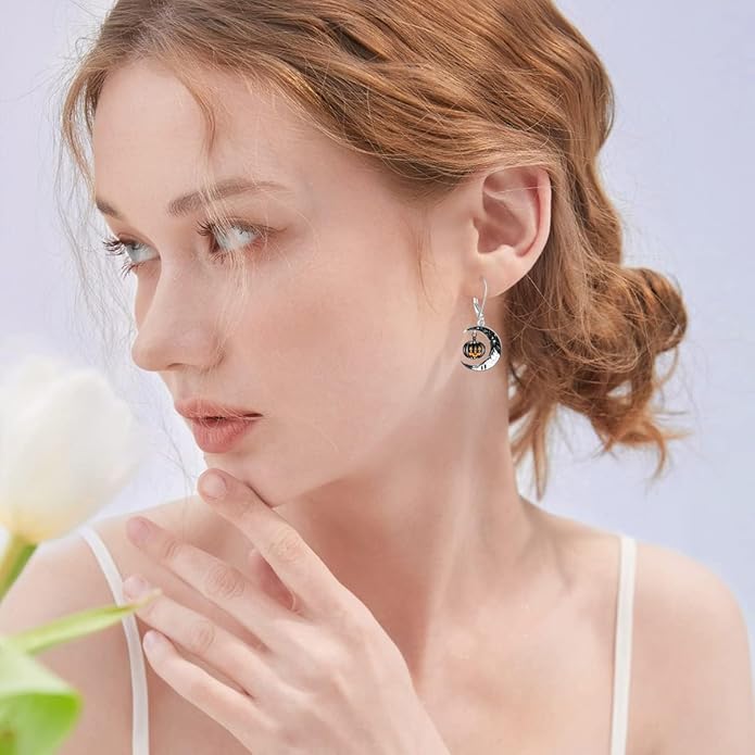 Black Cat/Bat/Spider/Pumpkin/Wolf/Bunny/Sun and Moon/Turtle/Raven 925 Sterling Silver Leverback Dangle Earrings Moon Gothic Christmas Earrings Jewelry Gift for Women