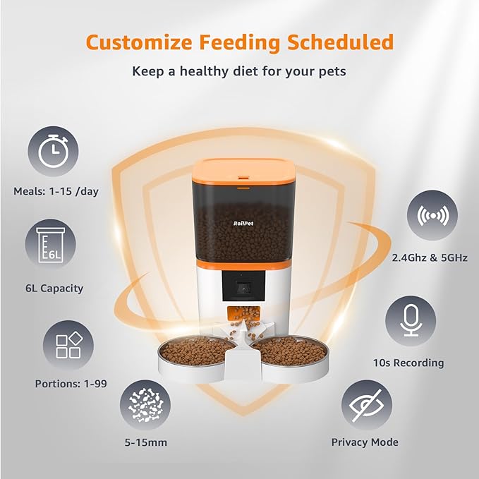 Automatic Cat Feeder with Adjustable Camera for 2 Cats, 5G WiFi 6L Smart Cat Food Dispenser, 1080P HD Video with Night Vision, Pet Feeder with 2-Way Audio for Cats&Dogs, Food Blockage & Motion Alerts