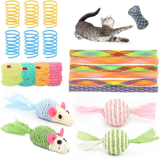 20Pcs Colorful Cat Spiral Spring, Cat Spring Toys Kittens Telescopic Plastic Coils Paper Mouse Paper Ball with Bell Spring Tube Toys for Keep Fit Interactive