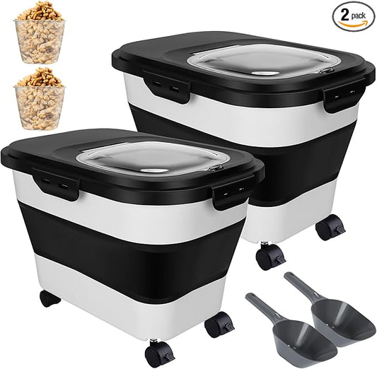 2 PCS Dog Food Storage Containers 15-20 Lbs Collapsible Dog Food Storage Container - with Measuring Cup &Scoop(black+black)