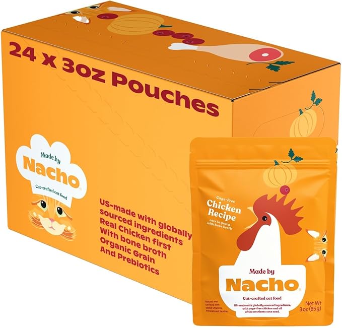 Made by Nacho Wet Cat Food, Cuts in Gravy, Limited Ingredients, Cage-Free Chicken Recipe with Bone Broth for Extra Hydration, (24) 3 oz. Pouches, Limited Ingredients