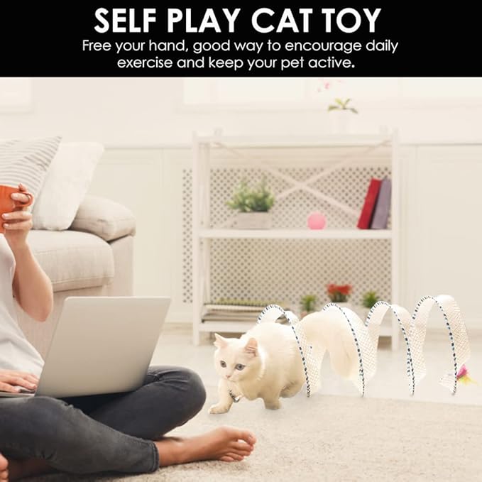 Cat Tunnel Spring Toy 2 Pcs Cat Teaser Stick Collapsible, Kitten Tunnel Bored Pet Cat Hunting Play Tunnel with Feather Mouse Toys for Cat, Kitty, Kitten, Rabbit, Puppy