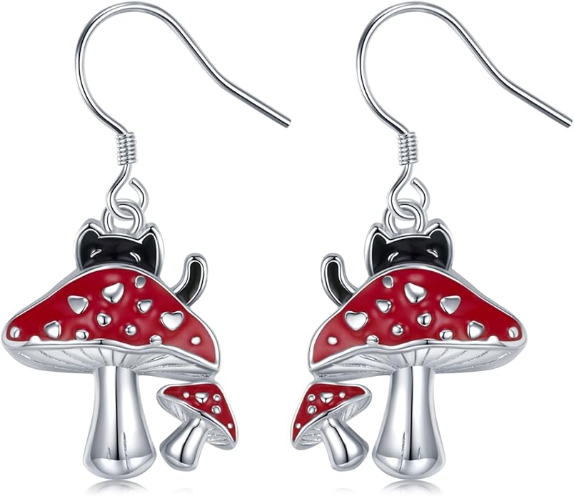 Black Cat Earrings 925 Sterling Silver Mushroom Cat/Black Cat/Panda/Sloth/Capybara/Boston Terrier/Shih Tzu Dangle Earrings Cute Animal Drop Earrings Jewelry Gifts for Women