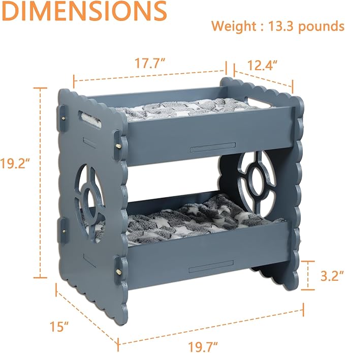 Wooden Cat Bed,Elevated Cat Bed Furniture,Cat Bunk Beds for 2 Indoor Cats,Modern Cat Condo with Matress,Protect Cat's Hip Joint for All Seasons,Easy to Assemble(19.7“x15 x19.2,Grey)
