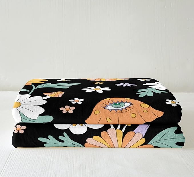 Trippy Mushroom Throw Blanket for Couch - Groovy Floral Fleece Queen Size - Cute Rainbow Sherpa - Two Groovy Party Boho Hippie Retro Decorations - Fuzzy