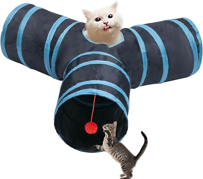 Cat Tunnel Tube Toys，Tunnels for Indoor Cats, 3 Way Blue Collapsible Interactive Toy with Balls for Rabbits, Kittens, Ferrets, Puppy
