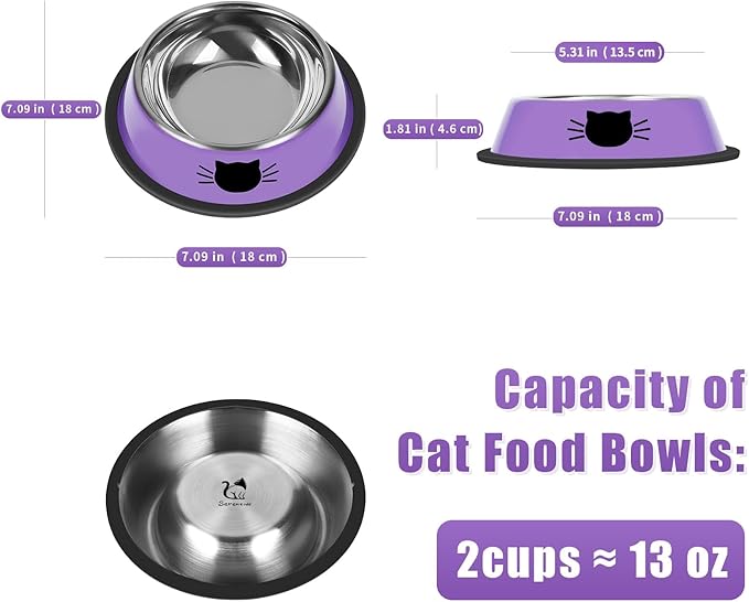 2Pcs Cat Bowls Non-Slip Stainless Steel Small Cat Food Bowls Unbreakable Thicken Cat Feeder 13 Oz Cat Dishes Suitable for Indoor Small Pets Removable Rubber Base Easily Clean Lovely Color