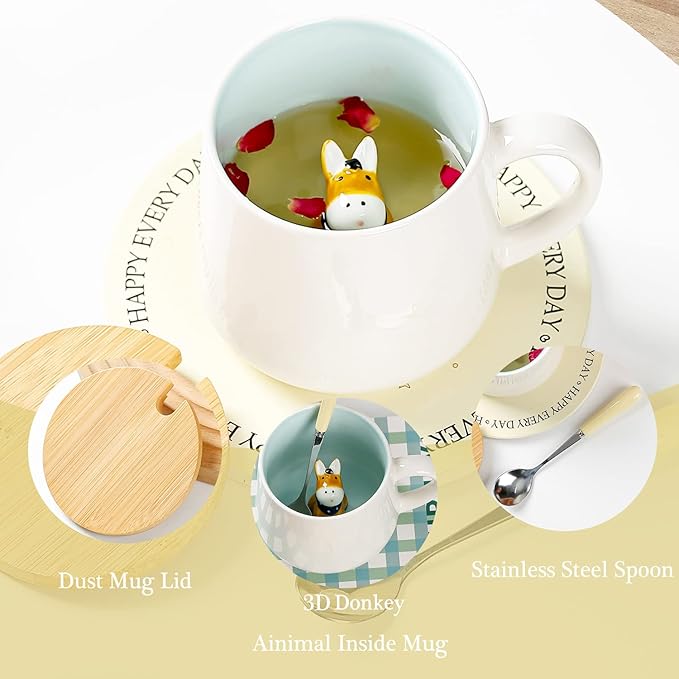 BigNoseDeer Cute Ceramic Donkey Coffee Mug Funny Mug with 3D Animal Inside Kawaii Tea Cup with Spoon and Lid Cool Stuff Christmas Gifts Birthday Mother's Day Cute Gifts for Women Kids 12oz（Donkey）