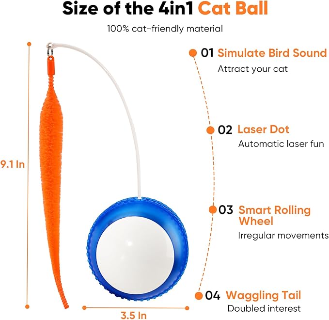Petbobi Interactive Cat Toy Ball - Automatic Rolling Cat Laser Toys with 2 Fluffy Mice Tail, USB Rechargeable, Motion Activated Moving Ball Toy, Fast Rolling Ball for Indoor Cat, Simulation Bird Sound