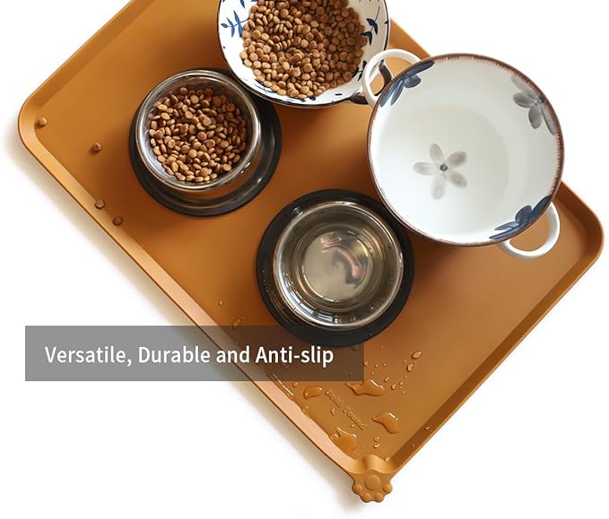 Hoki Found Large Silicone Pet Food Mats Tray - Non Slip Pet Dog Cat Bowl Mats Placemat - Dog Pet Cat Feeding Mat - Waterproof Dog Cat Food Mats -Pet Water Mats for Floors - Butterscotch